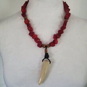 RARE Vintage Coral Necklace w/ Bone Horn